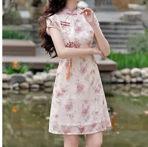 Ladies Short Dress Qipao Frog Buttons Floral Tassel Jacquard Chiffon Cheongsam - Picture 1 of 14