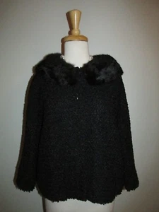Vintage Size L Black Textured Fabric Fur Collar Jacket Three Quarter Sleeves  - Picture 1 of 10