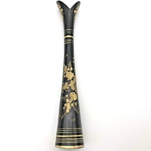 Brass Vase Black And Etched Gold Floral Brass Table Bud Vase 9.5” - Picture 1 of 10