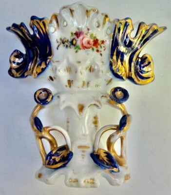 VASE ANCIEN XIX° PORCELAINE DE VALENTINE BLEU BLANC OR - Photo 1/4