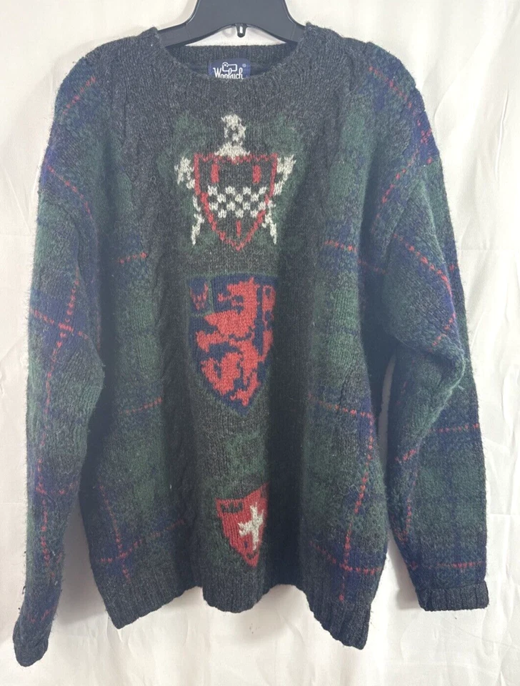 WOOLRICH men's XL Green 100% Crew Sweater VTG Dragon Shield Emblem Medieval - Image 1 of 4
