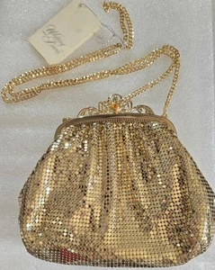 Vintage signed WHITING & DAVIS Amber Cab Closure Gold Tone Mesh Purse With Tag - Picture 1 of 14
