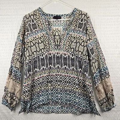 Top túnica Hale Bob para mujer 100 % seda colorido manga globo cuello en V talla M Foto 1 de 4