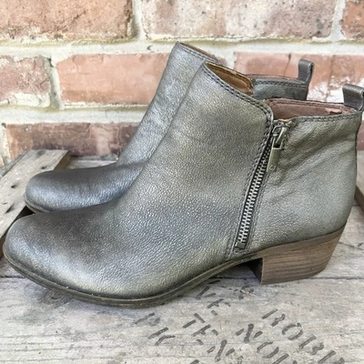 Lucky Brand Leather Basel Booties Ankle Boots Pewter 8.5 Silver Zip Block Heel - Image 1 of 4