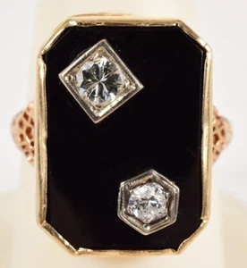 Man's 14K Gold Black Onyx & Diamond Ring with Filigree Sides Size 7-1/4 - Picture 1 of 10