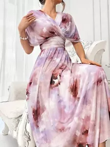 Women's Watercolor Floral Maxi Dress Purple Pink – Elegant Flowing Wrap Gown - Picture 1 of 9