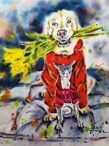 "Original Aquarellmalerei Hund Kunstwerk Katzenmalerei Tulpen Kunst 15""x11"" - Bild 1 von 3