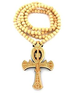 NEW MENS WOOD ANKH CROSS EGYPTION AFRICAN SYMBOL WOODEN BEAD CHAIN NECKLACE