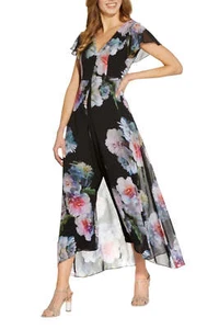Adrianna Papell V Neck Short Sleeves Back Zipper Chiffon Overlay Jumpsuit - Picture 1 of 3