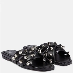 Christian Louboutin MISS SPIKA CLUB Spiked Black Flat Mule Sandal Slides - Picture 1 of 15