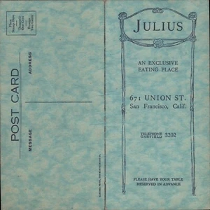 JULIUS RESTAURANT 1920 postal vintage cena menú SAN FRANCISCO, CALIFORNIA - Imagen 1 de 2