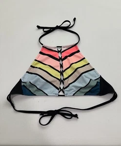 Top de bikini VICTORIA'S SECRET PINK negro a rayas entrecruzado cuello alto talla pequeña - Imagen 1 de 9