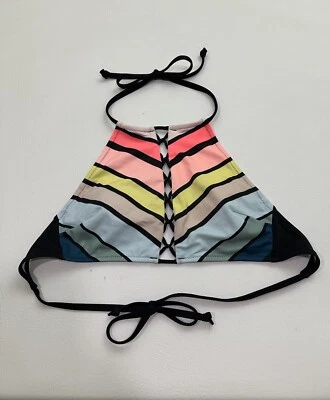 Top de bikini VICTORIA'S SECRET PINK negro a rayas entrecruzado cuello alto talla pequeña Foto 1 de 4