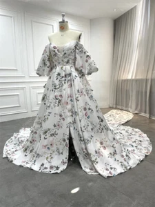 Print Flower Satin Wedding Dresses With Slit Puffy Sleeve A-Line Bride GownTrain - Picture 1 of 8