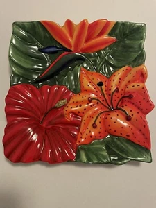 Centrum Plate Aloha Collection Hibiscus Bird of Paradise Hand Painted 10" Square - Picture 1 of 15