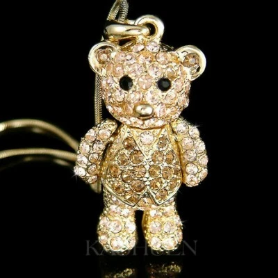 Groß 3D Bewegbar Teddybär mit Swarovski Kristall Süß Tier Gold Halskette - Bild 1 von 2