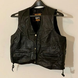 Black Leather Motorcycle Vest 3XL Cropped By Silver Bike - Snaps - Side Laces - Picture 1 of 9