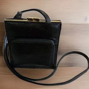 Vintage Gold Kiss Lock schwarz Leder Umhängetasche Tasche kompakte Handtasche 5,5" - Bild 1 von 12