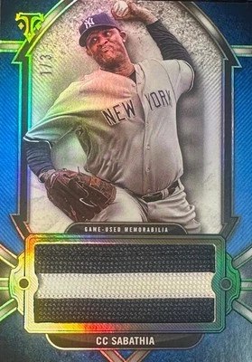 2024 Topps тройные нити синий CC Sabathia ** игры б/у Джерси ~ рукав! #1/3!!! - Изображение 1 из 2