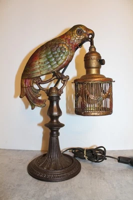Antique Art Deco Metal Painted Cast Iron Parrot W/ Lantern Lamp Working - Image 1 of 4