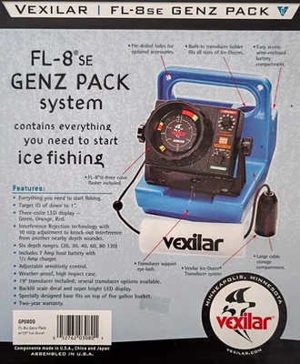 Sistema de paquete Vexilar GP0800 FL-8 SE Genz con buscador de sonar de pesca en hielo con ductor de hielo de 19 ° Foto 1 de 4