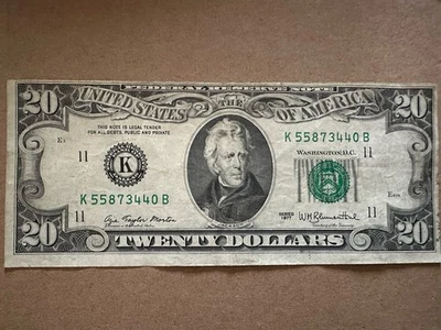 1977 Series Legal Tender $20 Twenty Dollar Bill RARE Uneven Cut K55873440B - Image 1 of 4