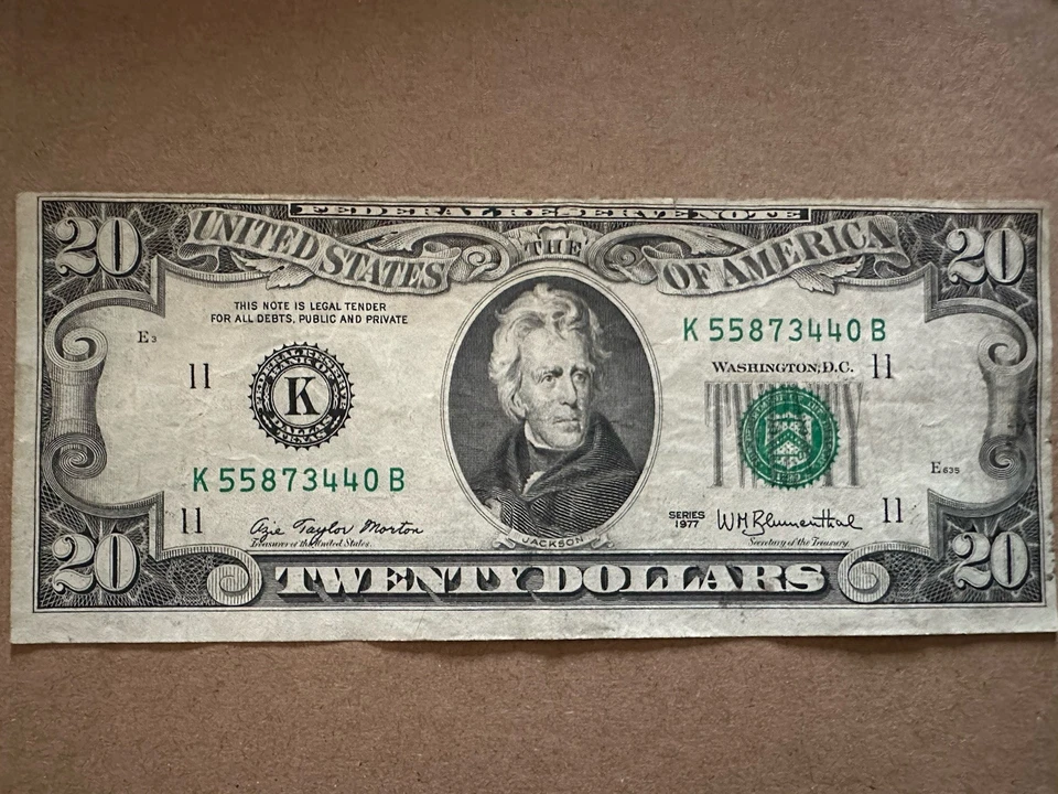 1977 Series Legal Tender $20 Twenty Dollar Bill RARE Uneven Cut K55873440B - Image 1 of 4