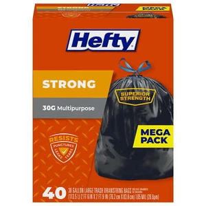 Hefty Strong Large Trash Bags, Black, 30 gallon, 40 Count Puncture Resistant - Picture 1 of 9