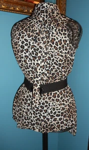 L Leopard Pussy Bow High Neck Shell Blouse Keyhole Sleeveless NWOT - Picture 1 of 8