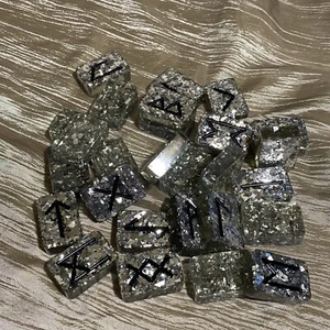 Clear, Silver Sparkle Resin Rune Stones, Elder Futhark, Pagan Set Of 27 - Picture 1 of 9