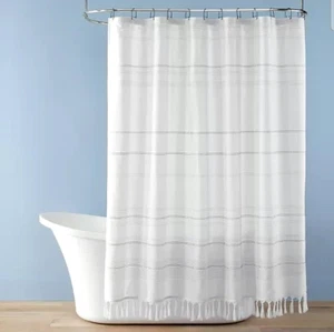 Woven Stripe Tassel Shower Curtain White/Dark Gray - Hearth & Hand with Magnolia - Picture 1 of 9