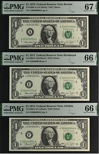 Lot of 3 gem 3 digit 1974 $1 FRN PMG 67EPQ birthday low serial number 00000904 - Picture 1 of 8