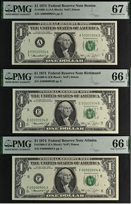 Lot of 3 gem 3 digit 1974 $1 FRN PMG 67EPQ birthday low serial number 00000904 - Image 1 of 4