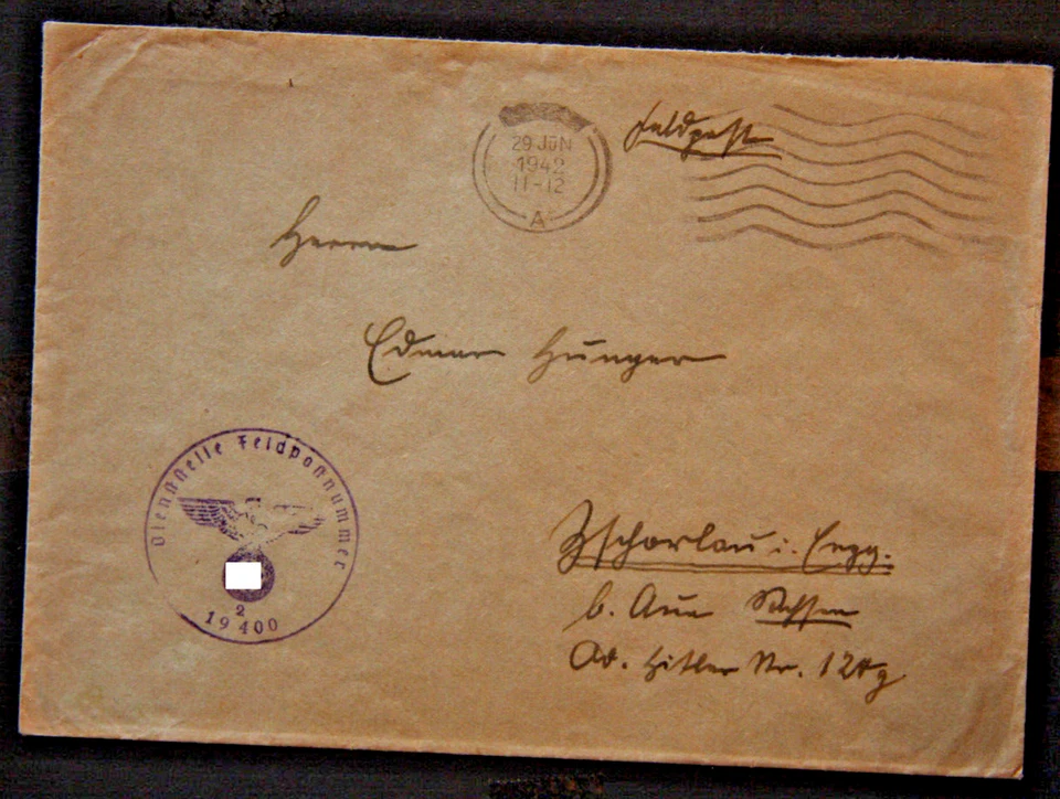 DR Feldpost II. WK Brief stummer Maschinenstempel 29. Jun 42 BS FP 19400 (22-29) - Bild 1 von 1