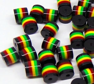 RASTA  BEADS Green Red Black Yellow 50 ~ 100 ~ 200  Striped ~Barrel Tube Resin - Picture 1 of 6