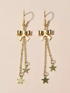 Gold Bowknot Long Chain Charm Star Charm Women Girls Teens Trendy Party Earrings - Picture 1 of 5