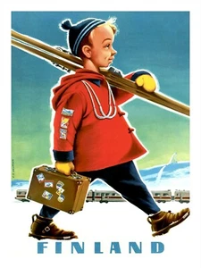 Vintage Finland Travel Poster Print Boy with Skies and Travel Case 18x24" - Picture 1 of 1