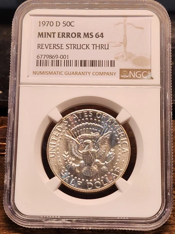 1970 D Silver Kennedy, NGC Graded  MINT ERROR MS 64,  "STRUCK THRU" , 001 Cover
