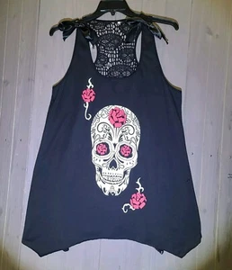 Jawbreaker Rockabilly Rose Sugar Skull W Lace Back Flare Tank Top Black sz 3XL - Picture 1 of 7