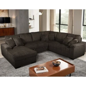 Left Facing U-Shaped Sectional Sofa Bed w/ Storage Chaise + Pillows, Brown - Picture 1 of 5