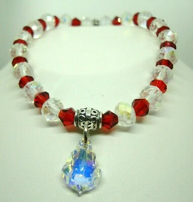 Candycane  pet cat dog necklace red, clear AB crystals beads, Swarovski pendant - Image 1 of 4
