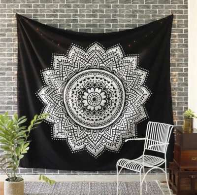 108" x 92"  Black & White Mandala Wall Tapestry, Bed Throw Sheet, Tablecloth S75 - Image 1 of 4