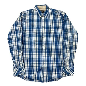 Timberland Shirt Check Single 60's Poplin Slim Fit Blue White Mens Large - Picture 1 of 7