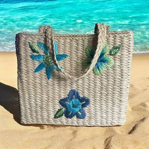 Borsa a mano paglia rafia vimini vintage crociera caraibica piscina spiaggia bling floreale - Foto 1 di 7