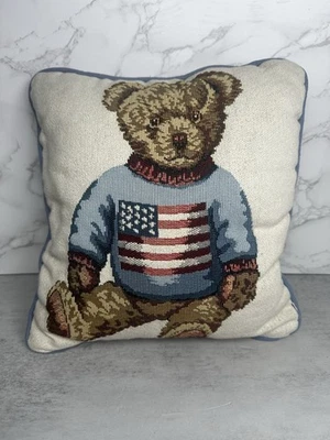 De Colección Ralph Lauren Polo Oso Tejido Almohada 12x11" Preppy Bandera Americana Azul Foto 1 de 4