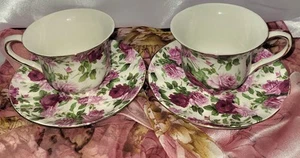 Tazze da tè/piattini Gracie China Rose Chintz (2) porcellana floreale + bordo oro nuovi senza etichette - Foto 1 di 7