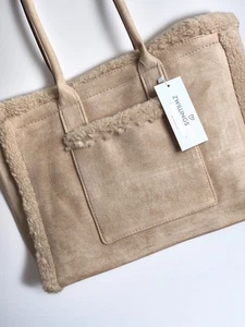 Zwillingsherz Tasche/ Shopper Wildleder-Optik & Teddyfell, beige - Bild 1 von 4
