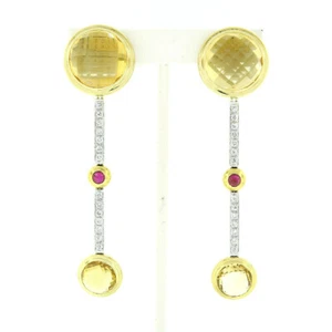 Antonini 18K TT Gold Bezel Citrine Diamond & Ruby Long Dangle Day Night Earrings - Picture 1 of 10