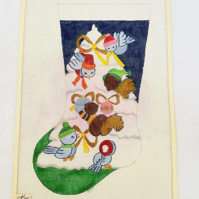 Christmas Stocking Woodland Animals and Tree Handpainted Needlepoint Canvas 12ct - Image 1 of 4