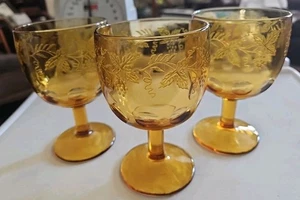 Set of 3 Vintage Bartlett Collins Amber Thumbprint Etched Goblets 6" 1960's - Picture 1 of 3